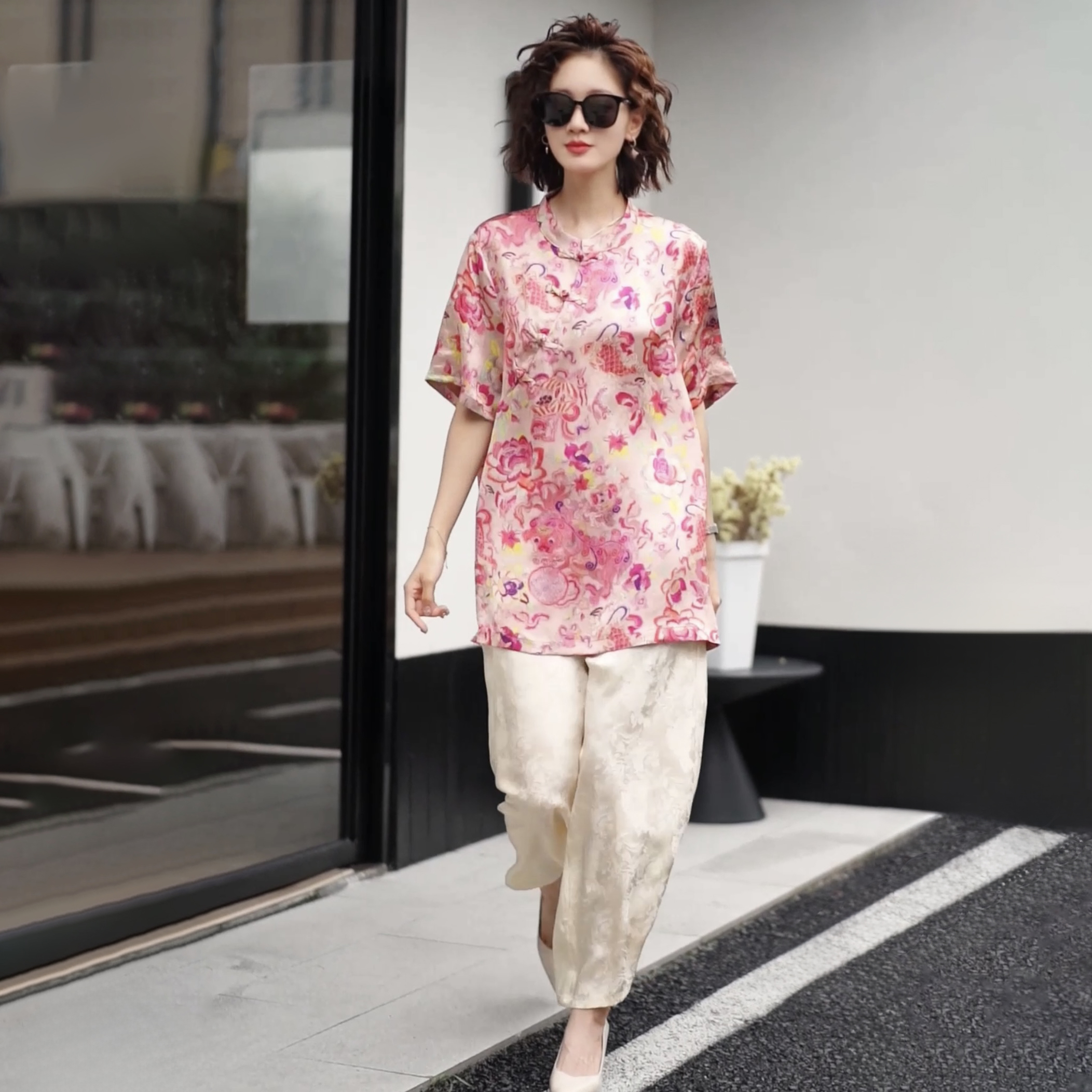2025夏大码复古高端轻奢香云纱真丝上衣女装气质名媛妈妈款两件套