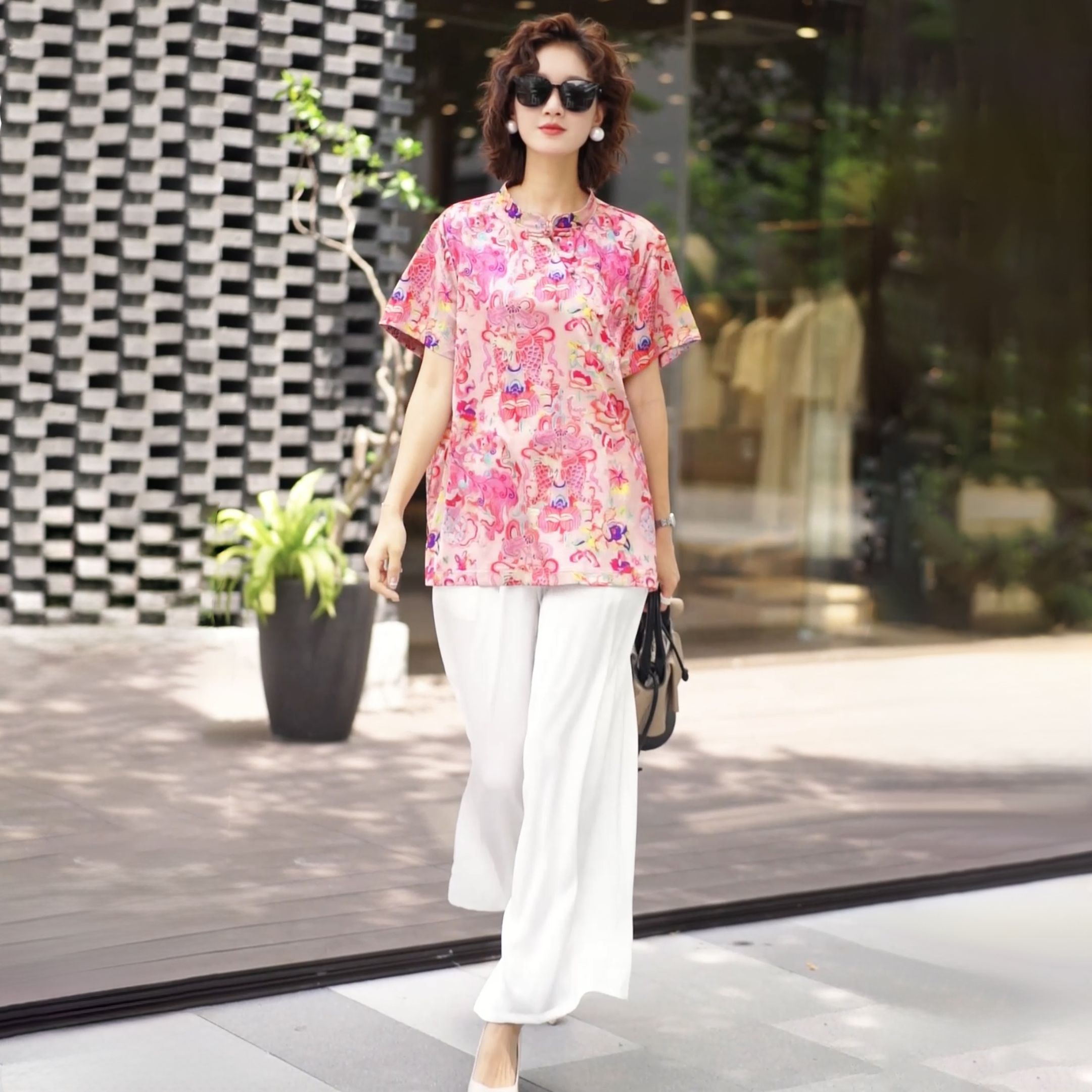 25夏复古大码国风中式真丝上衣女装气质减龄洋气妈妈香云纱两件套
