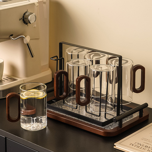 覆古玻璃杯带木质把手高硼硅耐热配托盘杯架家用办公室喝水杯子