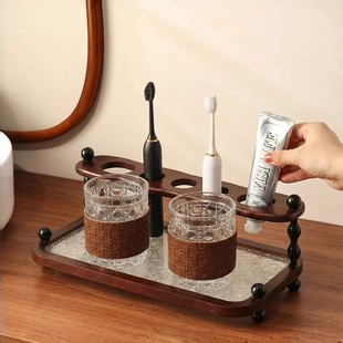中古风浴室台面牙膏漱口杯牙刷置物架实木家用卫生间镜柜下牙刷架