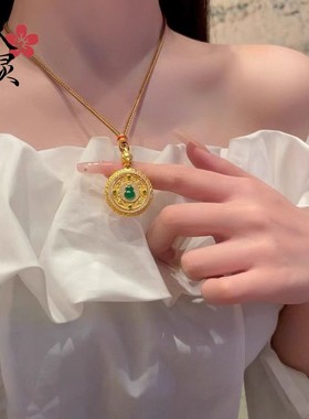 2026新中式沙金点钻花丝平安扣葫芦罗盘吊坠项链女可旋转镂空国风