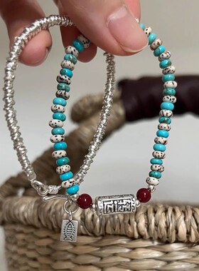 2026招财纳福银串串鱼骨盘缠手串女覆古民族风手工弹力绳菩提松石