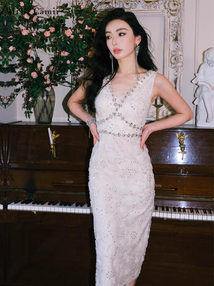 春夏新款女装交叉钻链钉珠长礼服裙名媛时尚连衣裙