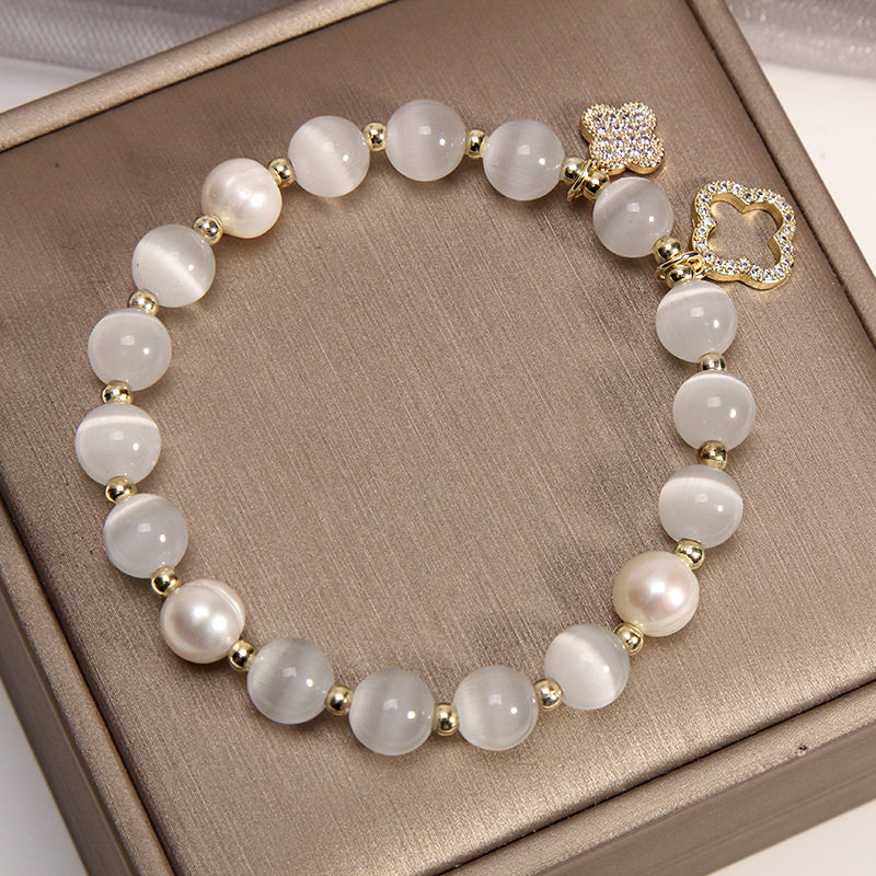 PEARL OPAL FOUR-LEAF CLOVER BRACELET JEWELRY FEMALE COLD STYLE VINTAGE MICRO INLAID ZIRCON BRACELET GIRLFRIEND NICHE DESIGN