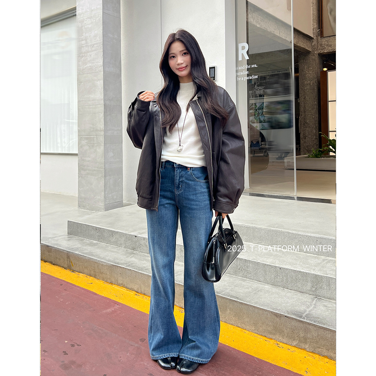 ［T台］T-PLATFORM 冬款加绒牛仔喇叭裤修身显瘦垂感拖地裤93281