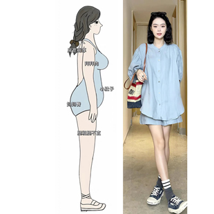 套装 微胖mm巨显瘦遮肉衬衫 上衣短裤 搭配一整套 女夏装 现货 大码