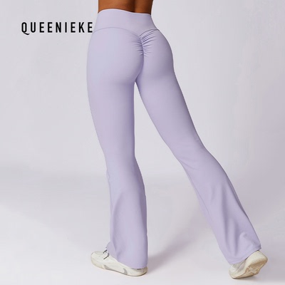 运动长裤欧美阔腿紧身裸感提臀瑜伽喇叭裤舞蹈腰微喇休闲运动裤