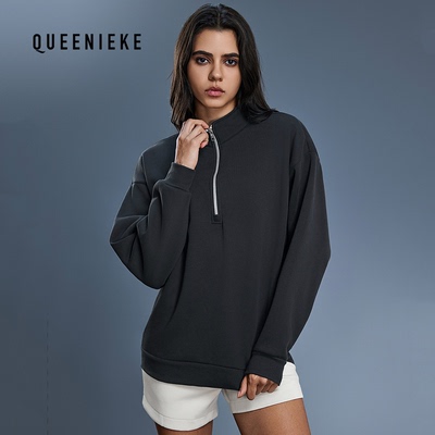 秋冬新款半拉链加绒加厚立领套头卫衣女休闲宽松百搭保暖上衣美式