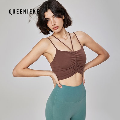 夏季褶皱假两件瑜伽文胸挂脖辣妹性感运动内衣女美背无袖健身上衣