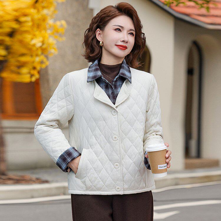 中年妈妈轻薄棉服外套2025新款宽松大码中老年女装拼接秋冬款棉衣