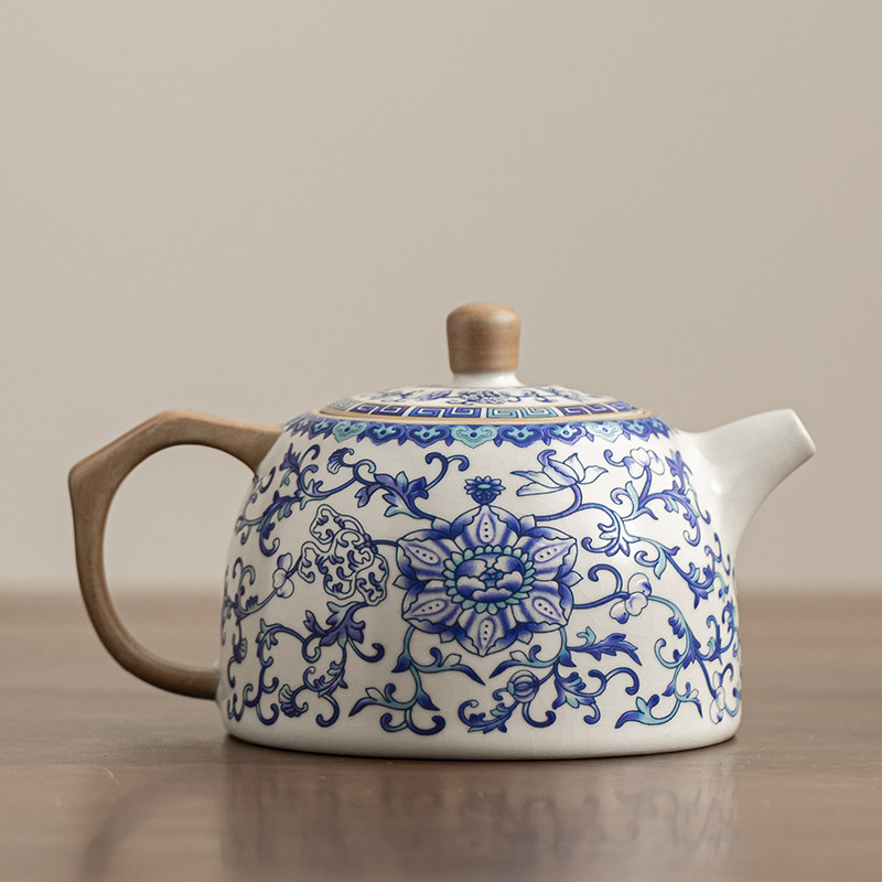 新豫园青花汝窑茶壶家用陶瓷中国功夫茶具单壶包荷花泡茶器
