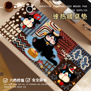 秋冬美拉德小黑猫加热鼠标垫超大高颜值办公室电脑加热桌面垫暖手学生家用发热桌垫笔记本键盘暖手垫定制
