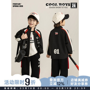 幼悠 男童酷飒街头风套装春季儿童机车服外套卡通T恤百搭九分裤子