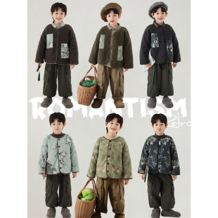 幼悠男童复古花涧印花两面穿外套冬装2025新款儿童加绒加厚上衣潮
