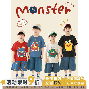 幼悠男童套装2026新款夏季卡通圆领短袖T恤宽松直筒儿童牛仔短裤