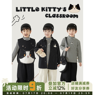幼悠童装男童无袖马甲日系休闲长袖外套条纹打底衫黑色奶猫套装潮