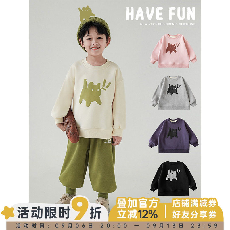 幼悠男童猫咪印花加绒加厚圆领卫衣儿童冬季新款休闲上衣防风冬装