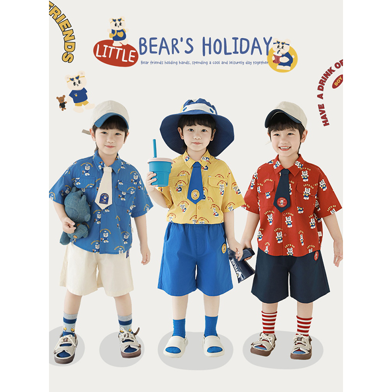 幼悠男童夏季新款小熊短袖翻领衬衫2025宽松清凉五分工装短裤套装