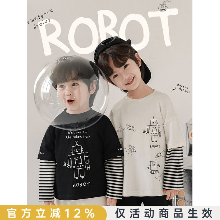 幼悠 男童机器人印花撞色条纹自由落肩假两件T恤春秋儿童休闲上衣图片