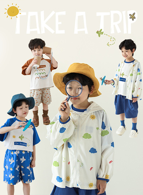 幼悠 男童夏季新款短袖t恤轻薄防晒服宽松短裤原创童画系列套装潮