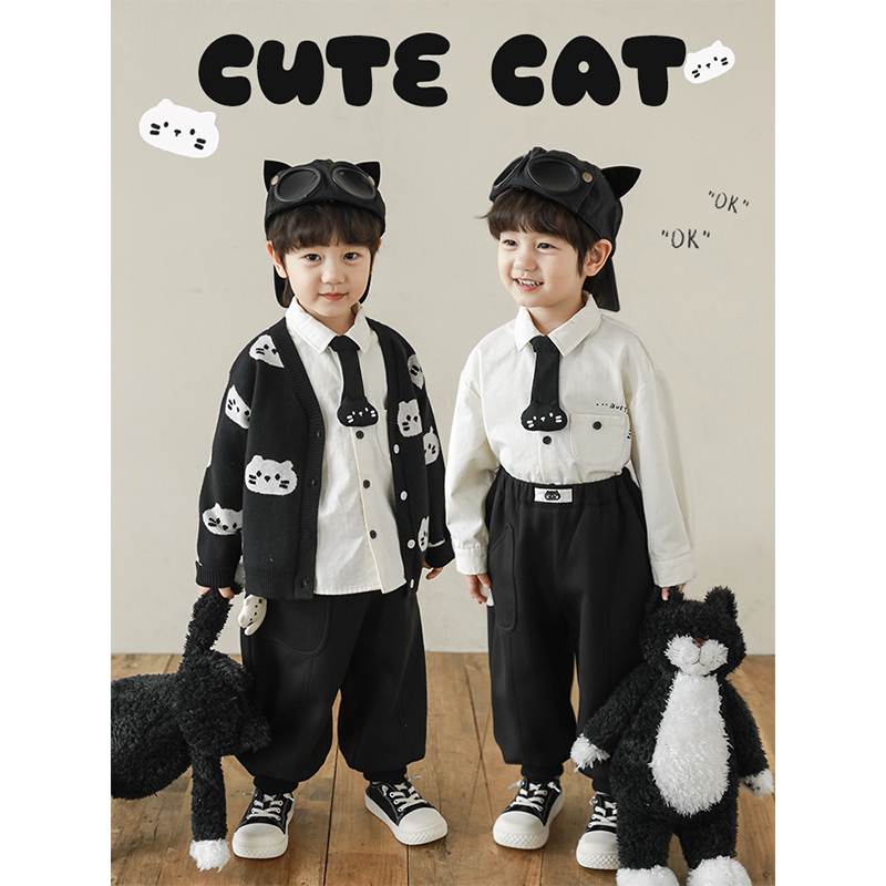 幼悠男童2025新款长袖衬衫保暖毛衣防风束脚长裤猫咪系列套装童装