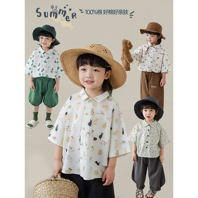 幼悠男童2025新款卡通森林萌兔短袖衬衫夏季轻薄休闲宽松儿童上衣