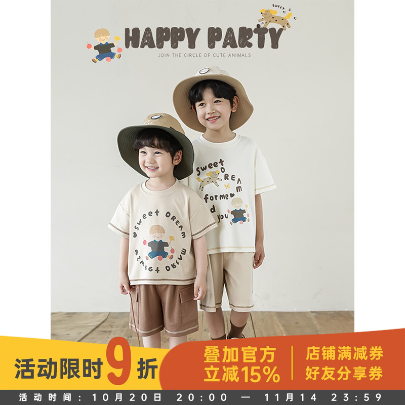 幼悠男童2025新款卡通字母印花短袖t恤夏季爆款宽松休闲工装短裤