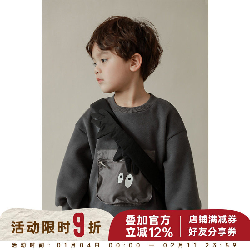 幼悠儿童加绒卫衣口袋洋气男童圆领套头衫冬款小男孩宝宝上衣保暖