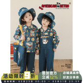 套装 幼悠男童长袖 复古儿童背带裤 宽松直筒牛仔长裤 潮 简约翻领衬衫