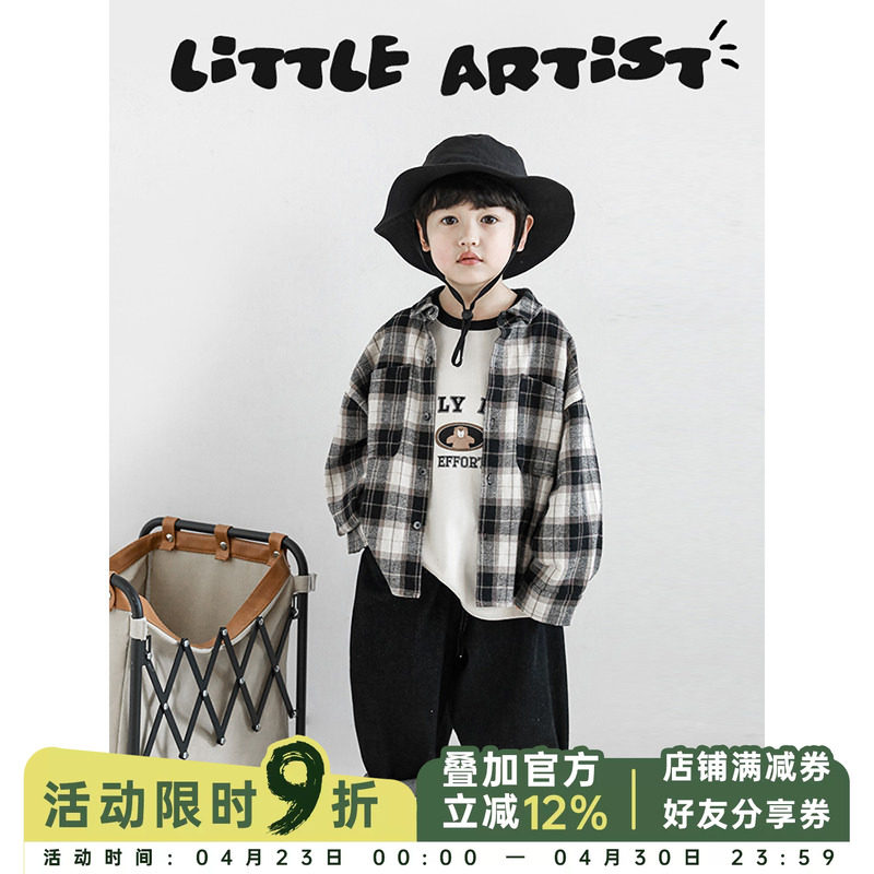 幼悠儿童棋盘格斜边口袋文艺翻领外套男童帅气衬衫2026新款秋装潮