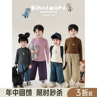 幼悠 冬季男童恐龙刺绣抓绒半高领休闲T恤2025儿童加厚保暖上衣潮