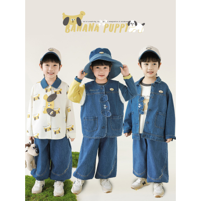 幼悠男童2025秋季新款长袖撞色t恤卡通满印衬衫无袖马甲系列套装