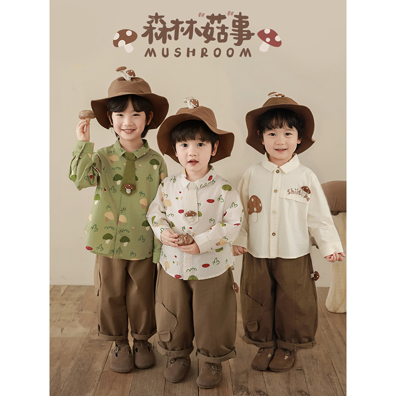幼悠2025春秋新款男童数码印花翻领衬衫帅气儿童休闲T恤裤子套装