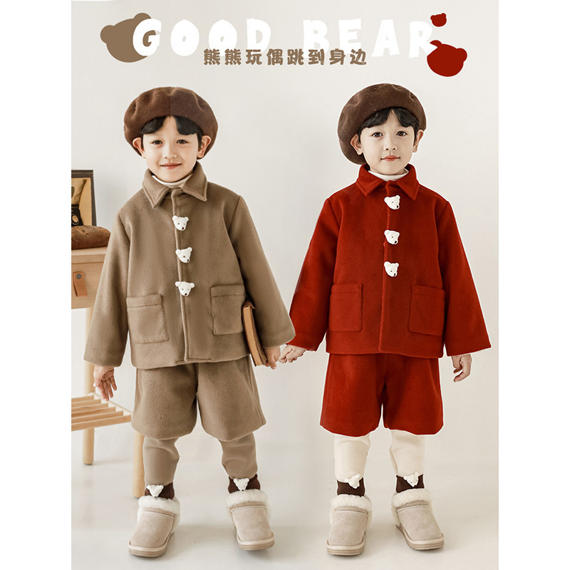幼悠冬季儿童熊熊立体玩偶儿童中式翻领呢子年服外套五分裤两件套,童装/婴儿装/亲子装,棉袄/棉服,淘宝优惠券,粉丝福利购,淘宝优惠卷