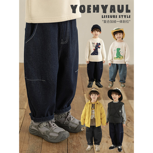 幼悠男童2025新款柔软耐磨加绒牛仔裤冬季时尚萝卜裤保暖儿童裤子