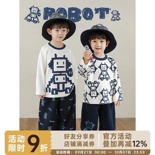 潮牌童裝 幼悠 洋氣炸街潮 圓領(lǐng)機器人t恤2025新款 長袖 男童秋季 新款