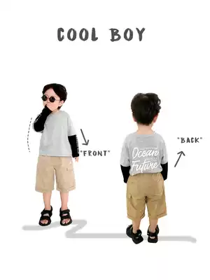 Youyou children long sleeve Hong Kong style hip hop sunscreen fake two coats thin baby Foreign pie loose T-shirt fashion summer clothes