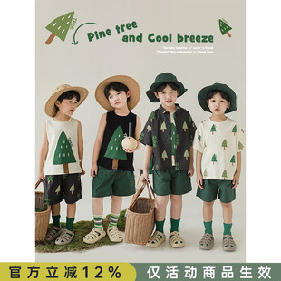 套装 幼悠男童森林数码 儿童可拆领带刺绣衬衫 薄款 印花无袖 背心夏季