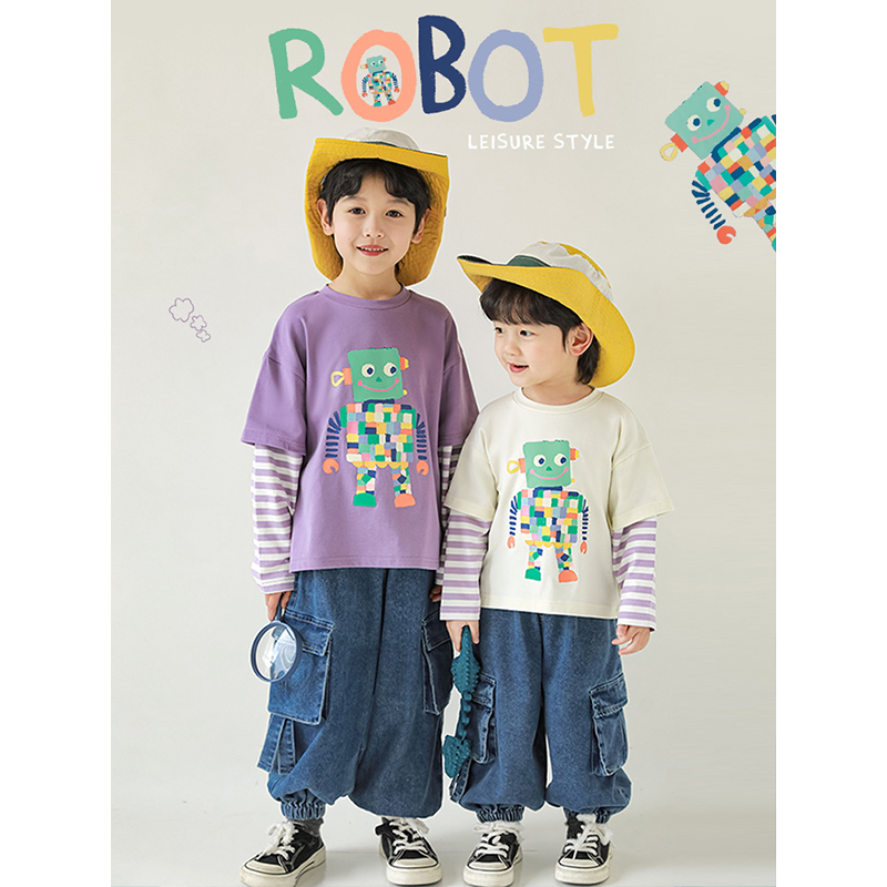 幼悠男童2024新款长袖假两件t恤春秋圆领印花撞色条纹宽松上衣潮