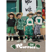 男童小狗棋盘格印花可拆领带衬衫 薄款 短袖 T恤短裤 潮 幼悠 套装 夏季