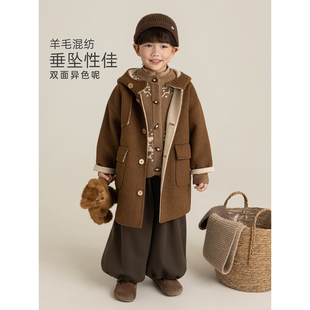 幼悠男童羊毛混纺双面穿呢大衣2025冬季洋气可爱轻盈保暖连帽外套