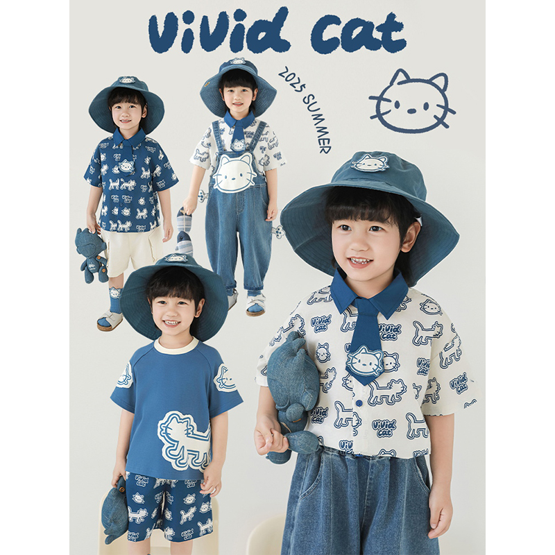 幼悠 男童夏季新款翻领衬衫短袖圆领T恤慵懒凉感短裤蓝白猫咪套装