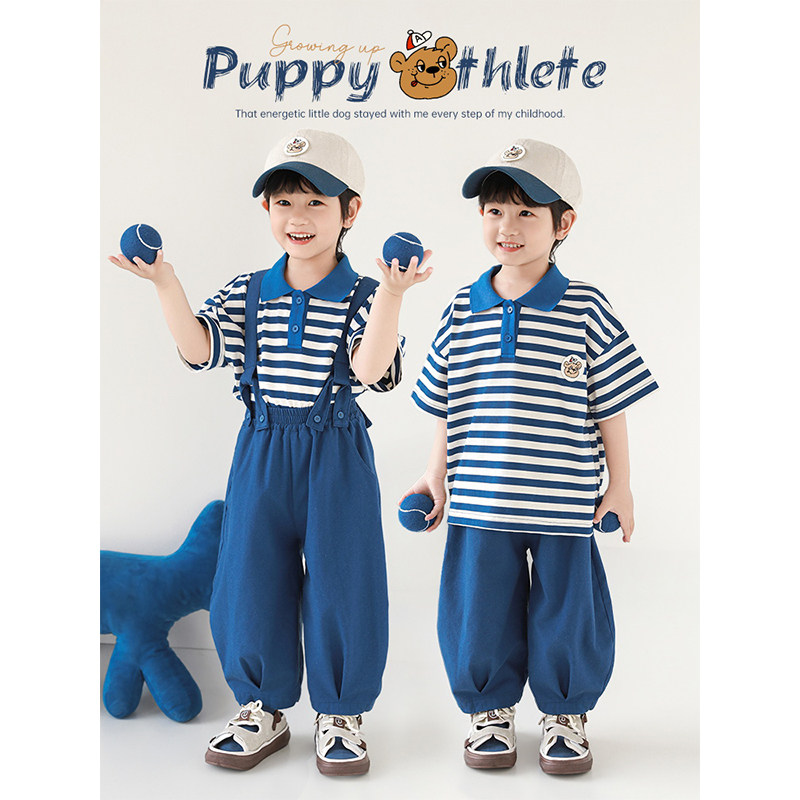 幼悠 男童2026夏季新款条纹翻领清凉短袖t恤宽松显瘦背带裤套装潮图片