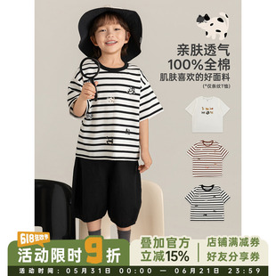 幼悠男童猫咪T恤夏季柔软透气10A抗菌护盾清爽百搭宽松短袖上衣潮