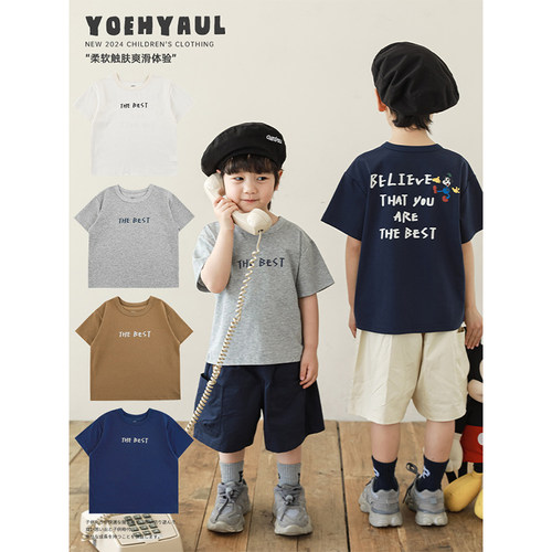 幼悠男童2026新款复古字母印花短袖t恤夏季宽松休闲痞帅儿童上衣