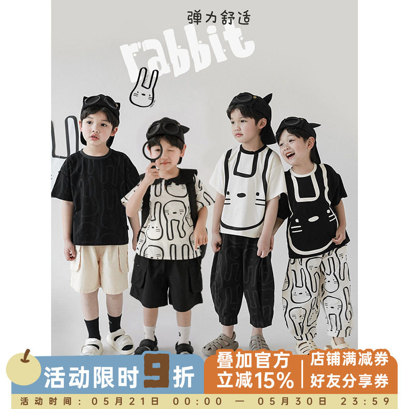 幼悠 儿童兔子印花娃娃翻领T恤夏季薄款男童休闲短袖裤子套装夏装