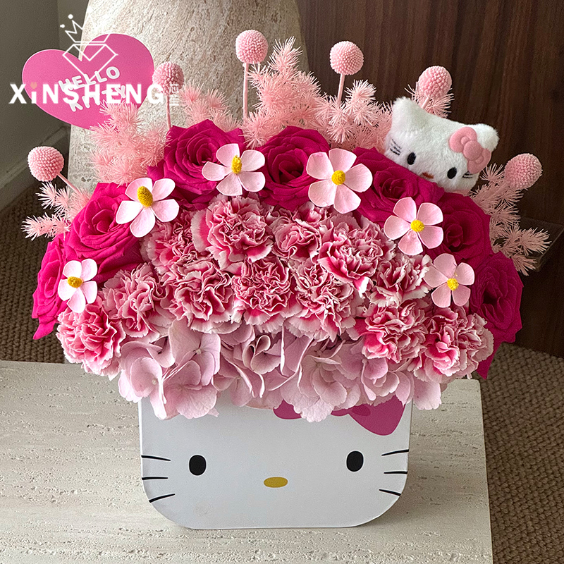 芯苼 HelloKitty花盒卡通鲜花花束手工DIY可爱插花盒花店花艺资材