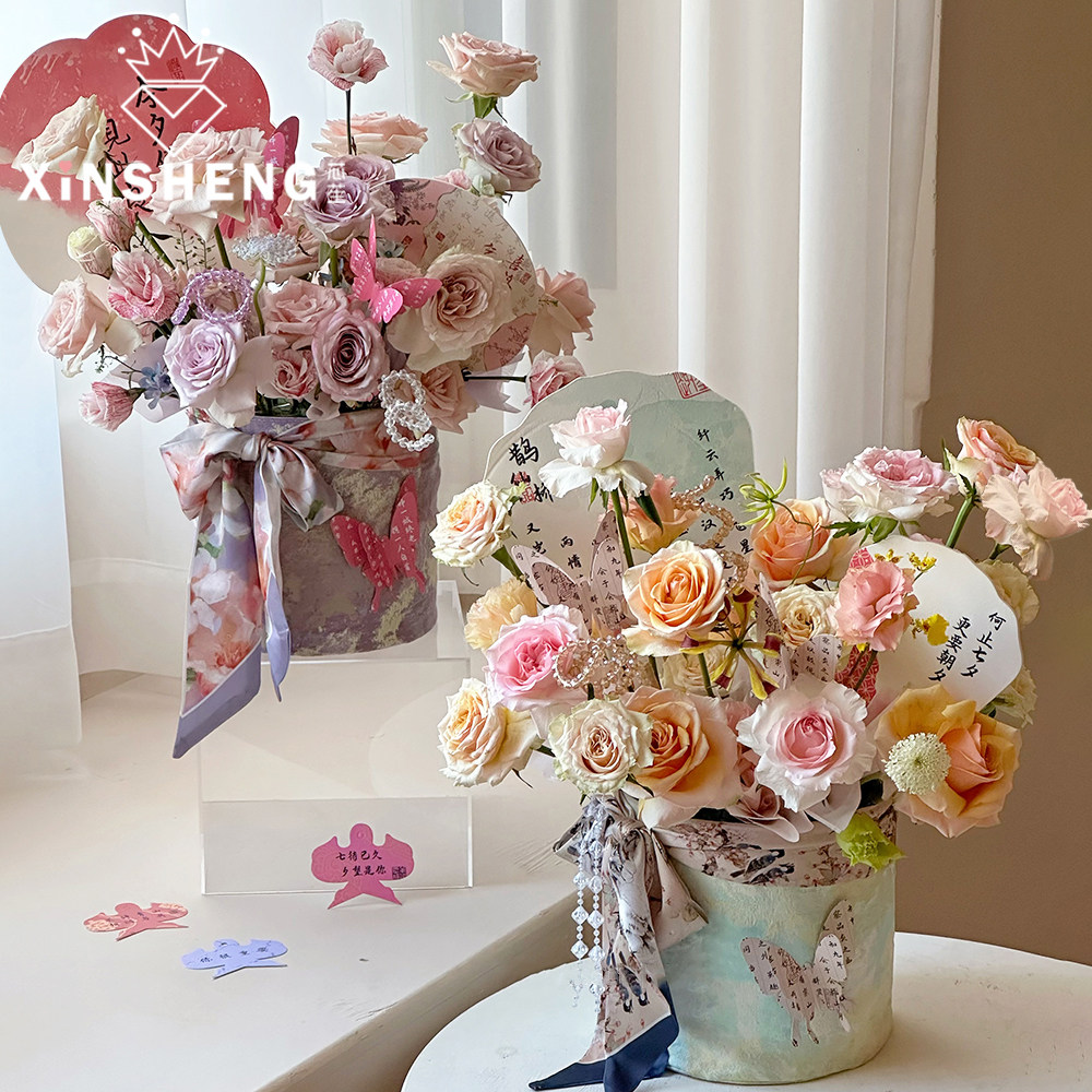 芯苼 油画风抱抱桶花束插花盒花艺包装diy材料立体刺绣玫瑰内防水