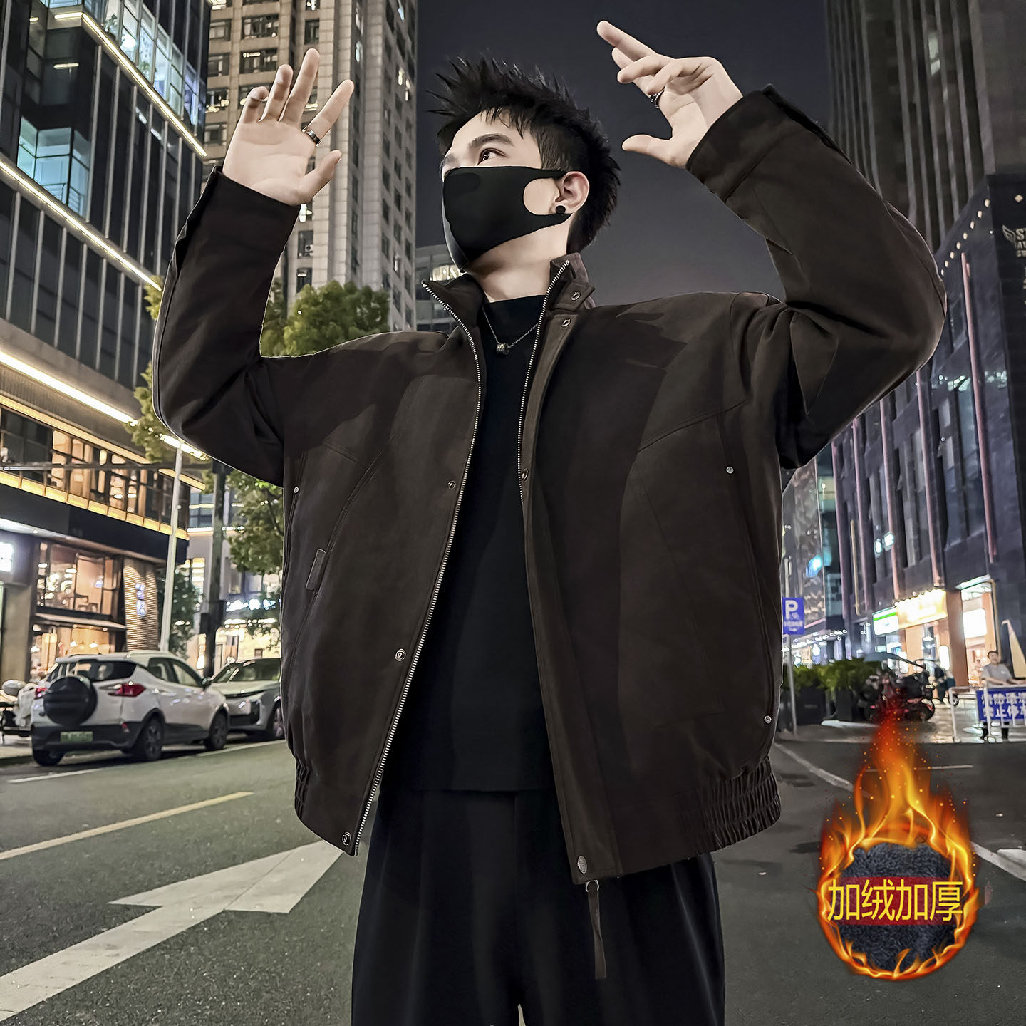 美式加绒加厚外套男士2026冬季潮流立领工装衣服保暖复古机车夹克