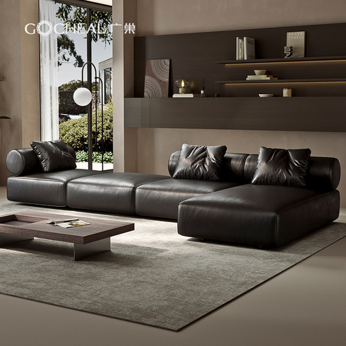 广巢大平层豆腐块组合真皮沙发